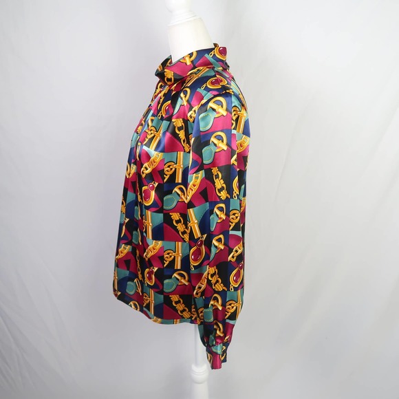 Vintage 90s pink and blue abstract chain print satin mockneck blouse 10 - Picture 3 of 5